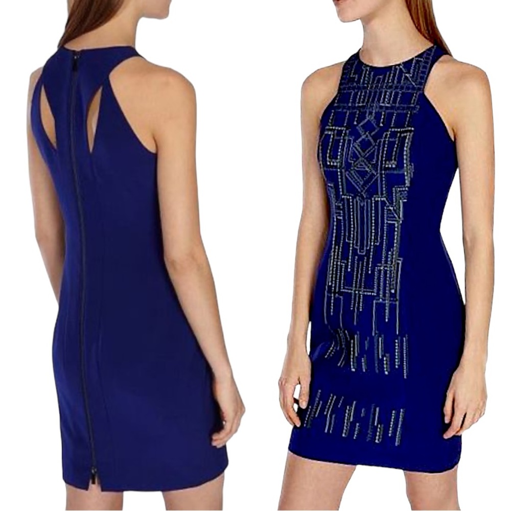 Karen Millen Blue Sleeveless Embroidered Pencil Dress Sz 2
